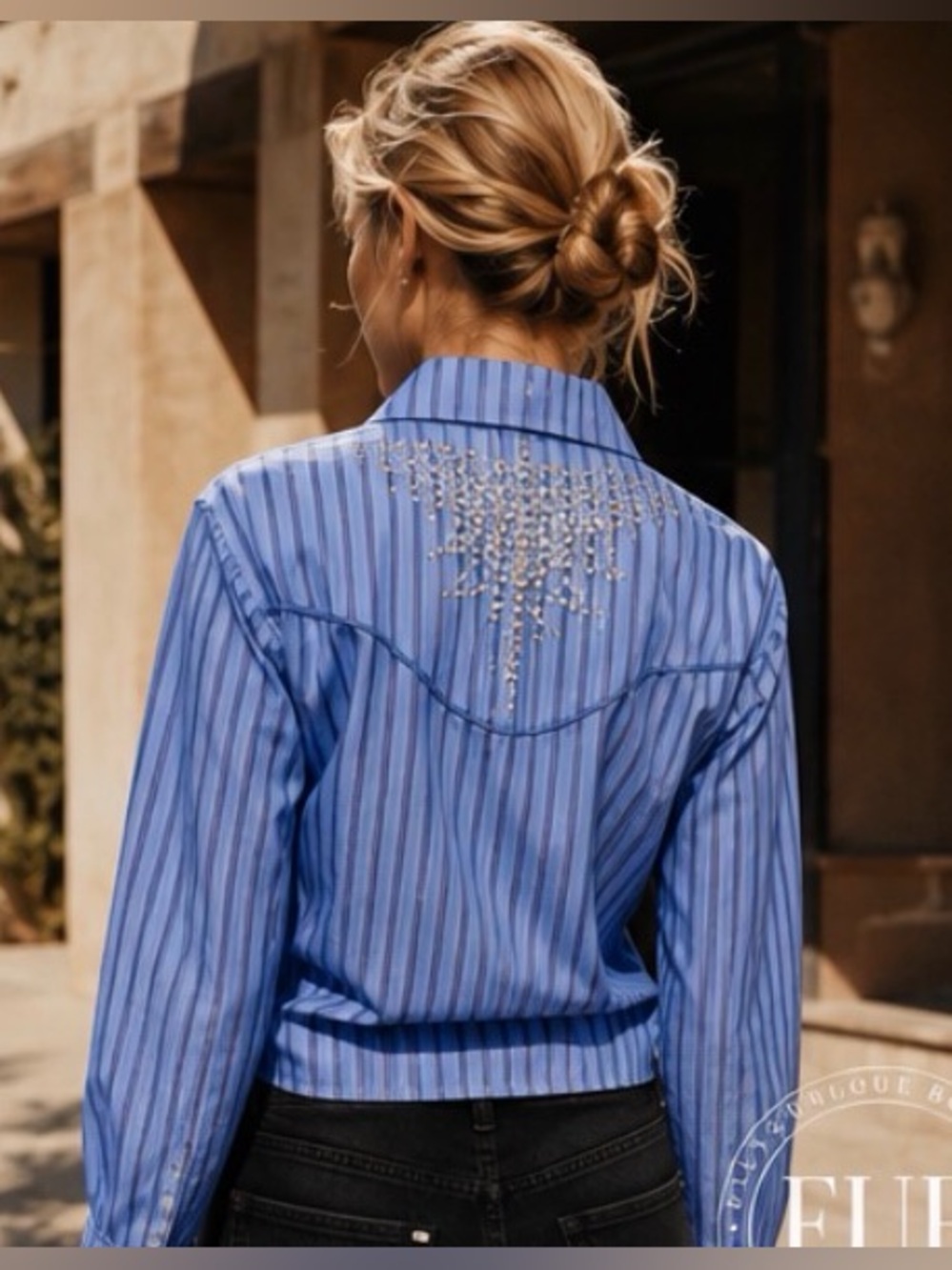 Free People X Understated Leather Western Embellished Button Down Shirt Blue - Picture 9 of 16
